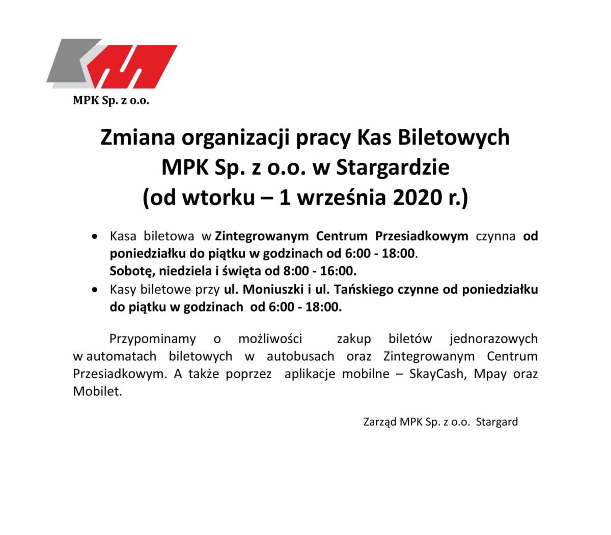 Zmiana Organizacji Pracy Kas Biletowych MPK Stargard